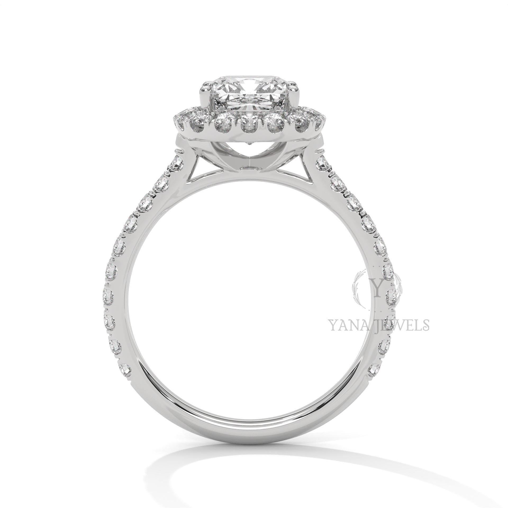 cushion halo moissanite engagement ring in yellow gold