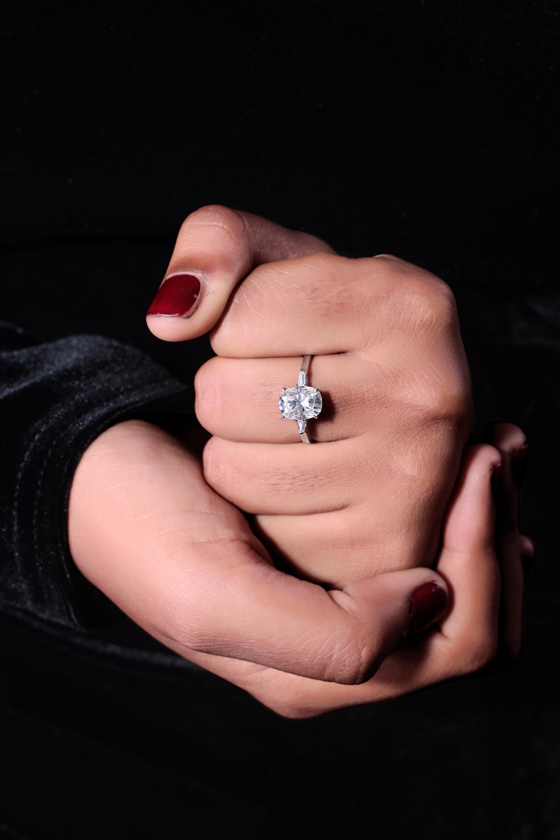 Lab Grown Diamond Cushion Cut Three Stone Engagement Ring with Baguettes