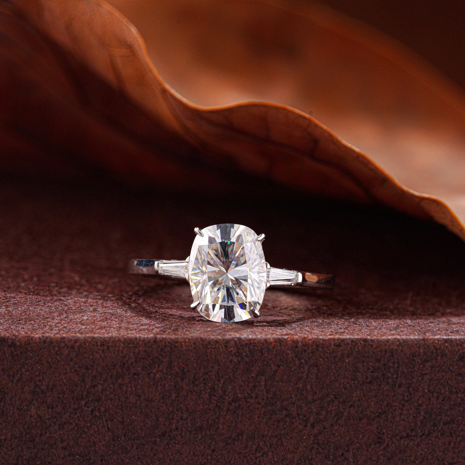 Lab Grown Diamond Cushion Cut Three Stone Engagement Ring with Baguettes