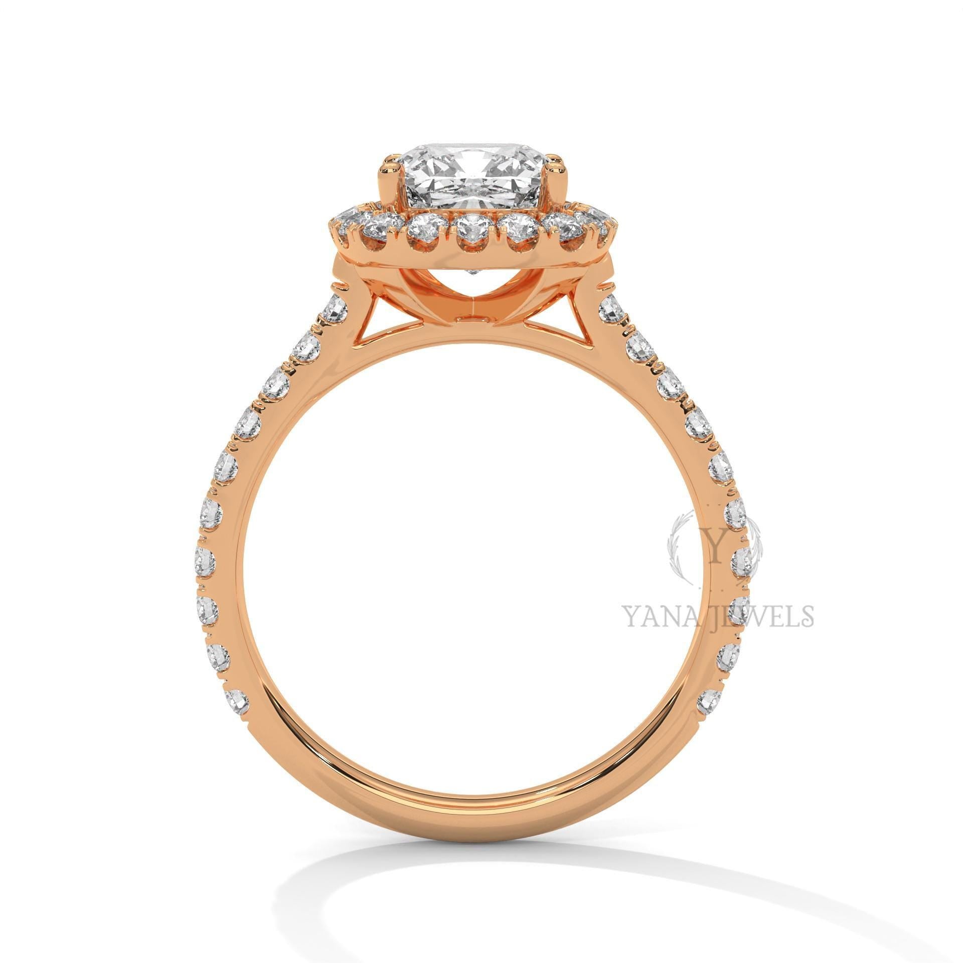 cushion halo moissanite engagement ring in yellow gold