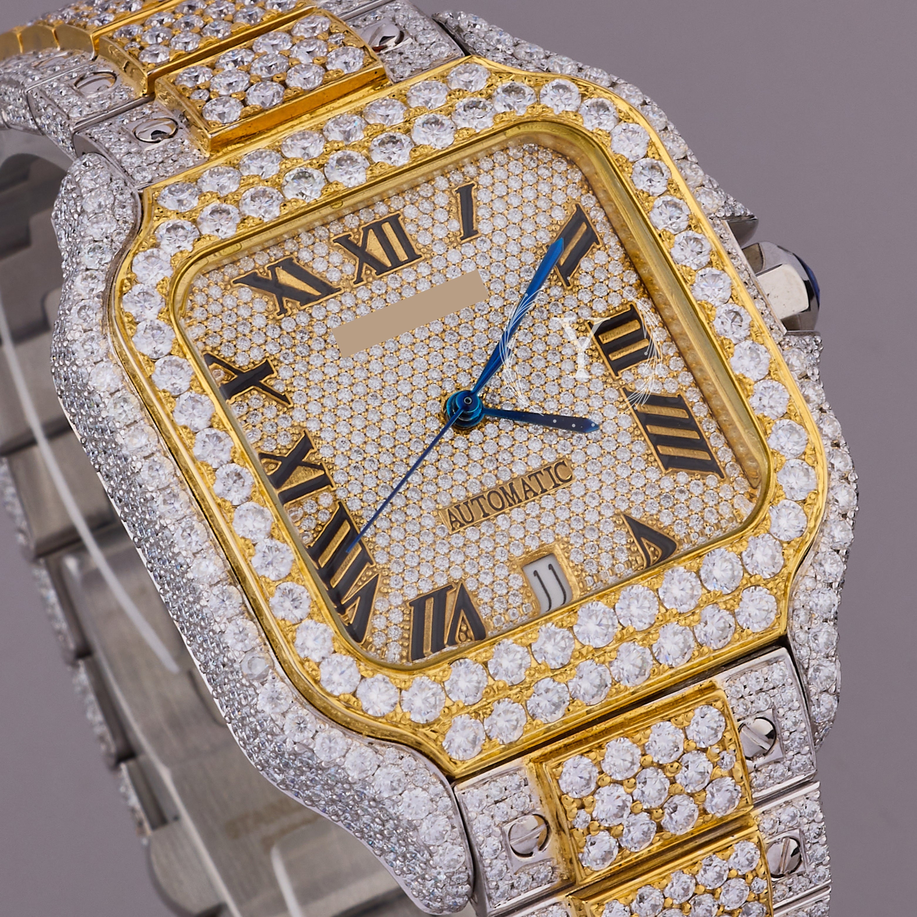 Luxury Full Iced Out Moissanite Watch | Two-Tone Roman Numerals