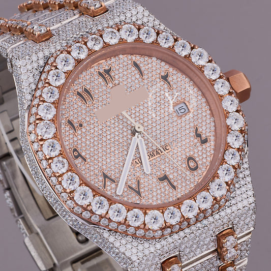 Luxury diamond-encrusted watch with rose gold accents 