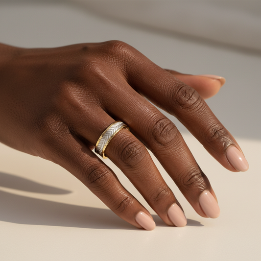 Regal Feather Pattern Two Tone Gold Wedding Band