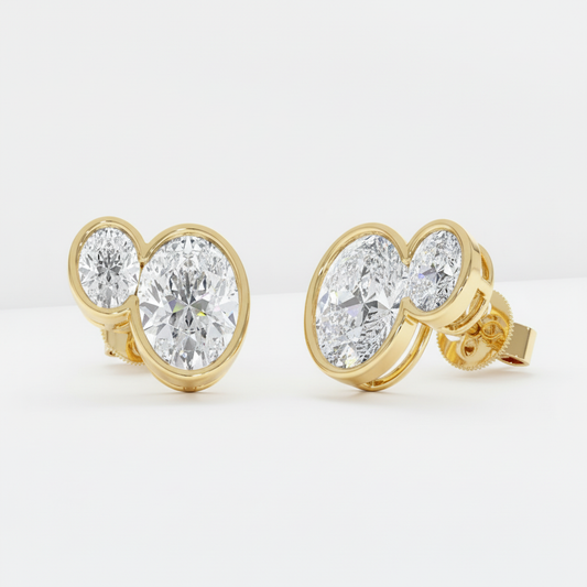 Double Oval Cut Moissanite Diamond Bezel Set Gold Stud