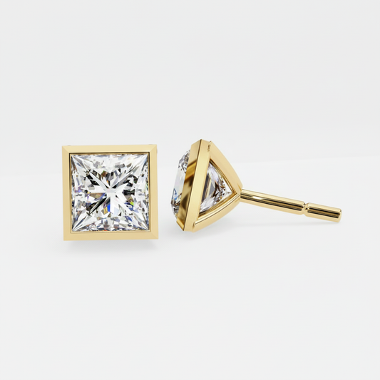 Princess Cut Moissanite Diamond Square Bezel Stud