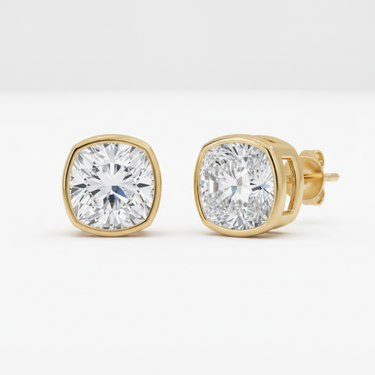 Cushion Cut Moissanite Diamond Bezel Set Gold Stud
