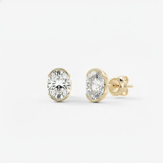 Oval Cut Moissanite Semi Bezel Gold Stud Earrings