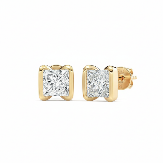Soft Curve Bezel Set Princess Cut Lab Grown Diamond Studs