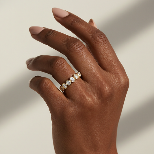 Oval Bezel Moissanite Half Eternity Gold Ring