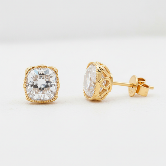 Cushion Cut Lab Grown Diamond Floral Basket Stud Earrings