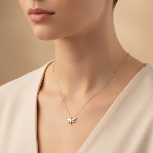 Golden Whisper Moissanite Diamond Dragonfly Necklace