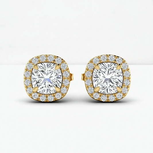 Cushion Cut Moissanite Diamond Halo Stud Earrings