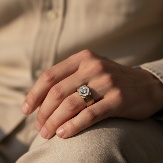 Mens Two Tone Geometric Moissanite Diamond Ring