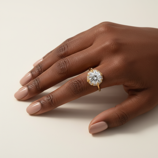 14K Yellow Gold Round Moissanite Lotus Flower Halo Engagement Ring