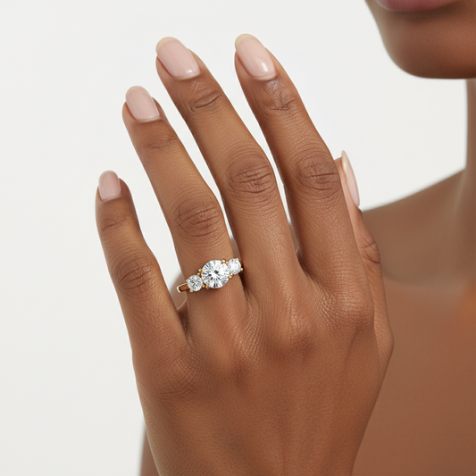 14K Yellow Gold Three-Stone Round Moissanite Diamond Engagement Ring | Yana Jewels