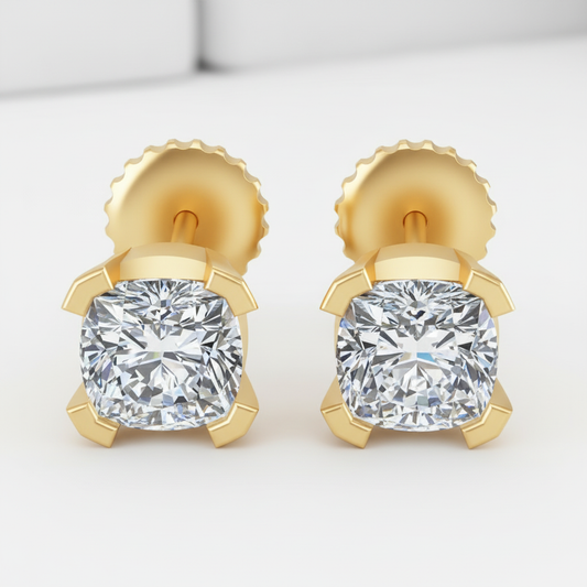 Crown Setting Cushion Cut Lab Grown Diamond Gold Studs
