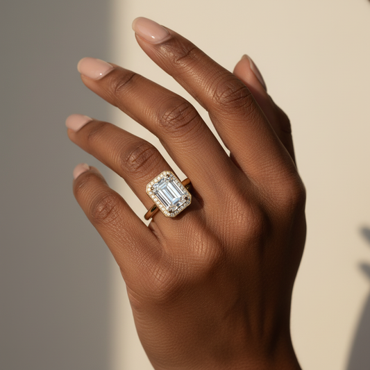 14K Yellow Gold Emerald Cut Moissanite Shared Halo Setting Engagement Ring 