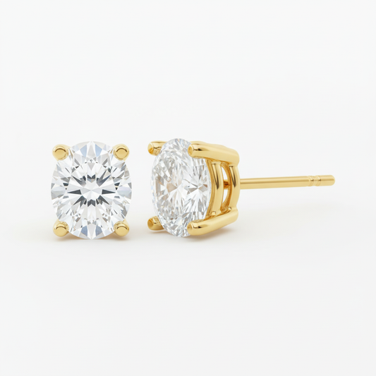 Modern Classic Oval Cut Moissanite Diamond Gold Stud
