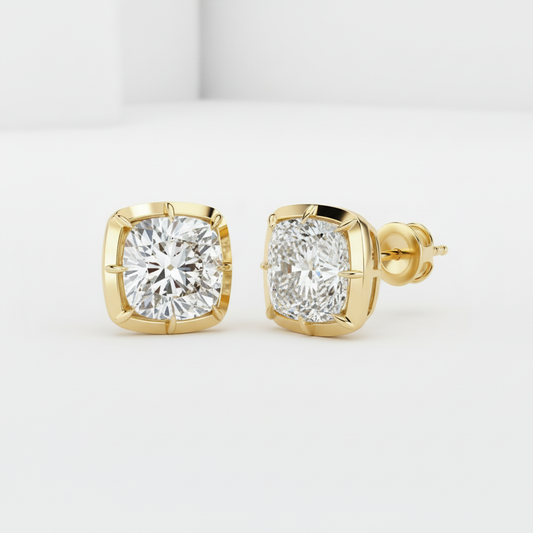 Cushion Cut Moissanite Diamond 8 Prong Gold Solitaire Stud