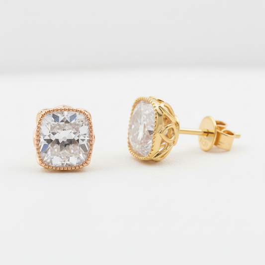 Cushion Cut Moissanite Diamond Flower Basket Gold Stud