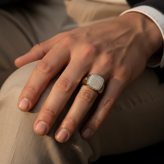 Mens Square Lab Grown Diamond Pave Signet Ring in Gold