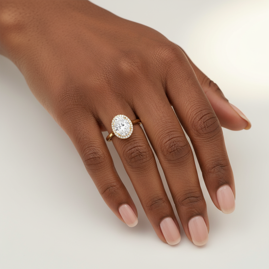 14K Yellow Gold Oval Moissanite Diamond French Pave Halo Engagement Ring