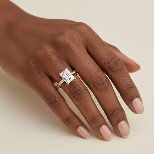 14K Yellow Gold Emerald Cut Moissanite Diamond Halo Engagement Ring