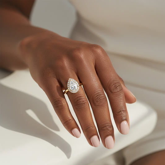 Pear Cut Moissanite Shared Prong Halo Wedding Ring