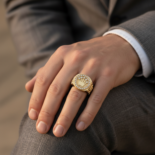 Mens Crown Halo Moissanite Diamond Signet Ring