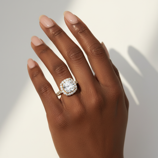 Cushion Cut Moissanite Diamond French Pavé Halo Bridal Ring