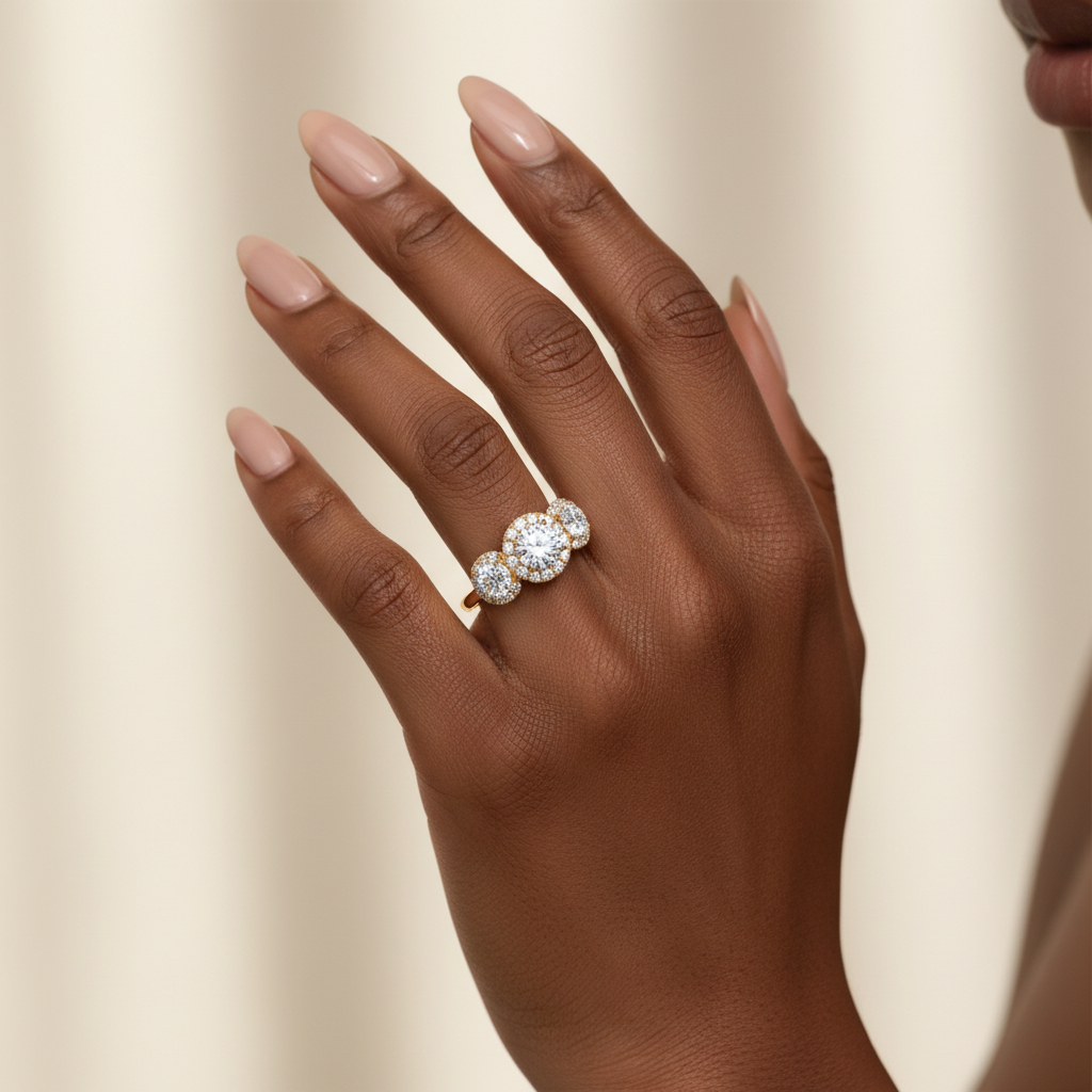 Three Stone Moissanite Diamond Halo Engagement Ring