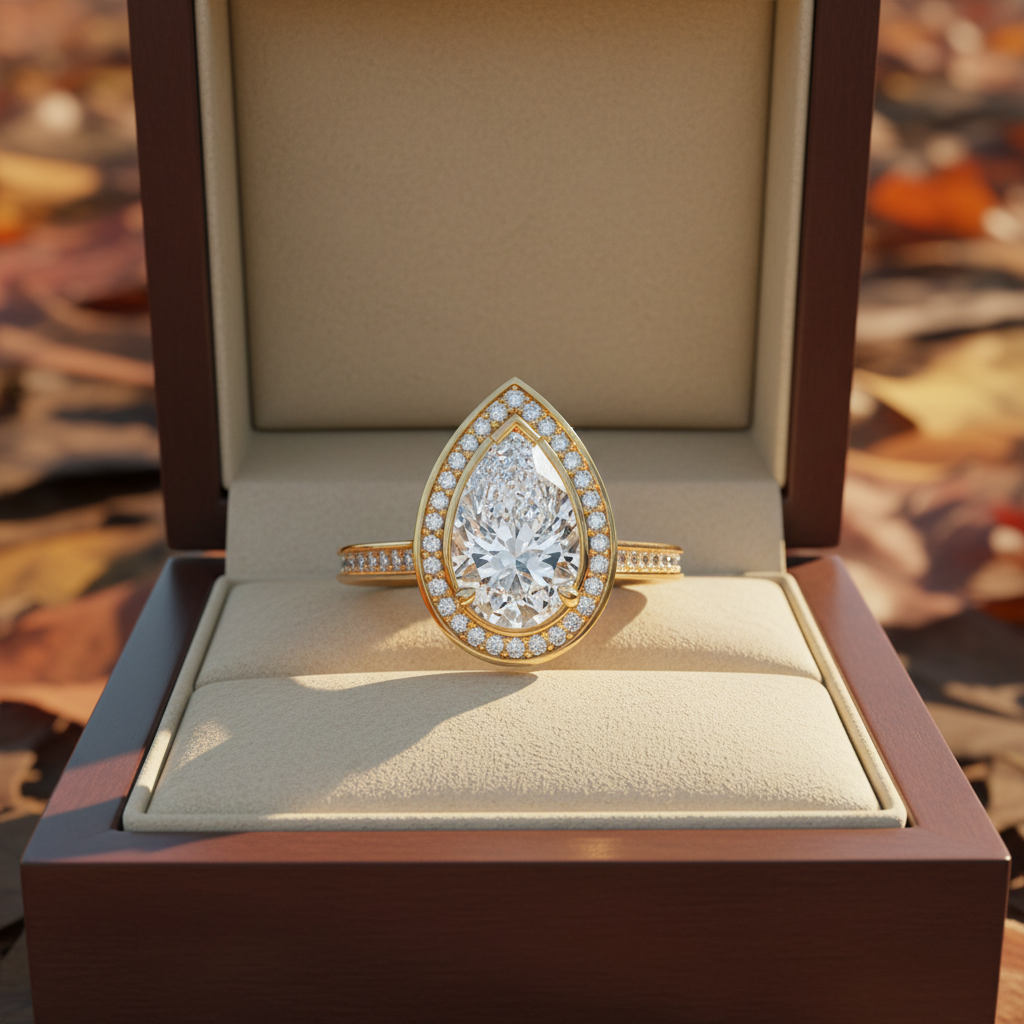 Pear Cut moissanite Diamond Halo Engagement Ring