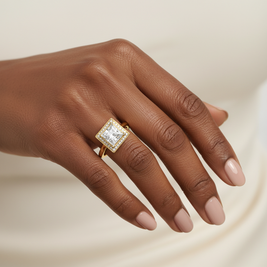 Princess Cut Moissanite Diamond Halo Wedding Ring