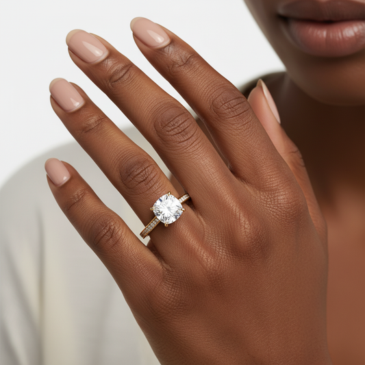 14K Yellow Gold Cushion Moissanite Diamond Channel Set Engagement Ring