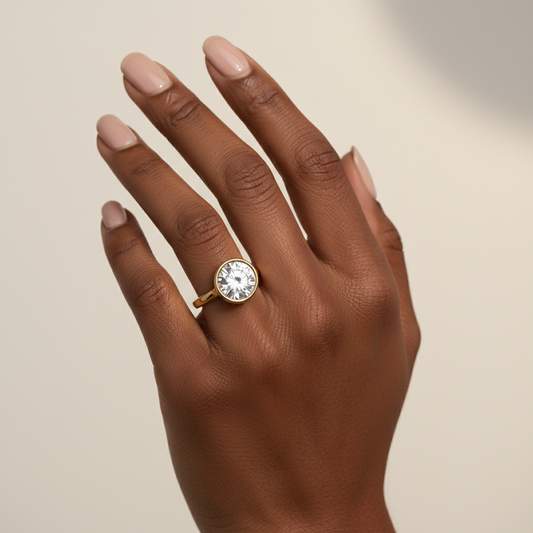 Round Cut Moissanite Bezel Ring with Hidden Halo Engagement Ring