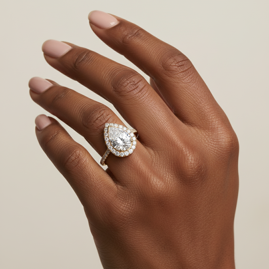 Pear Cut Moissanite Diamond Halo Wedding Ring