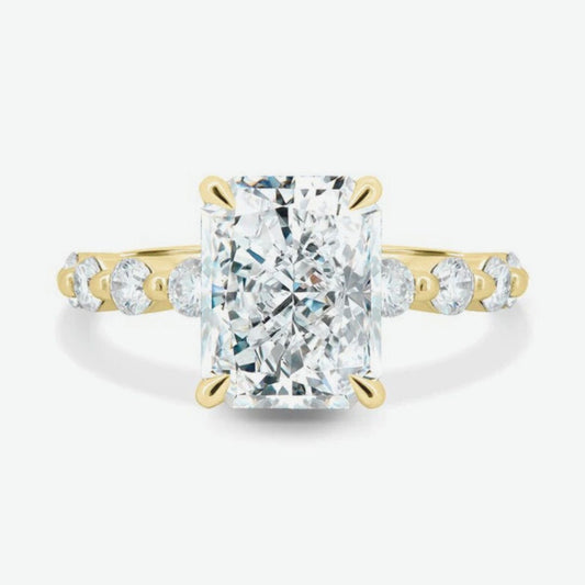 18K Yellow Gold Stephany Accents Lab Grown Diamond Ring (4/5 ct. tw) + 4 ct. Center Elongated Radiant Lab Grown Diamond VVS2+ Clarity E+ Color