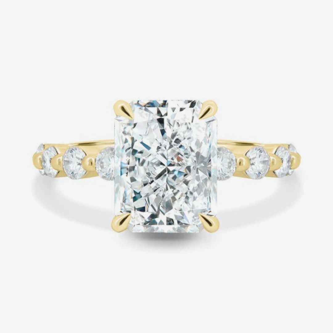 18K Yellow Gold Stephany Accents Lab Grown Diamond Ring (4/5 ct. tw) + 4 ct. Center Elongated Radiant Lab Grown Diamond VVS2+ Clarity E+ Color