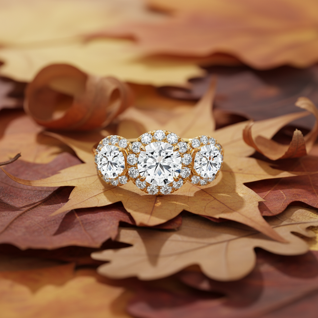 Three Stone Moissanite Diamond Halo Engagement Ring