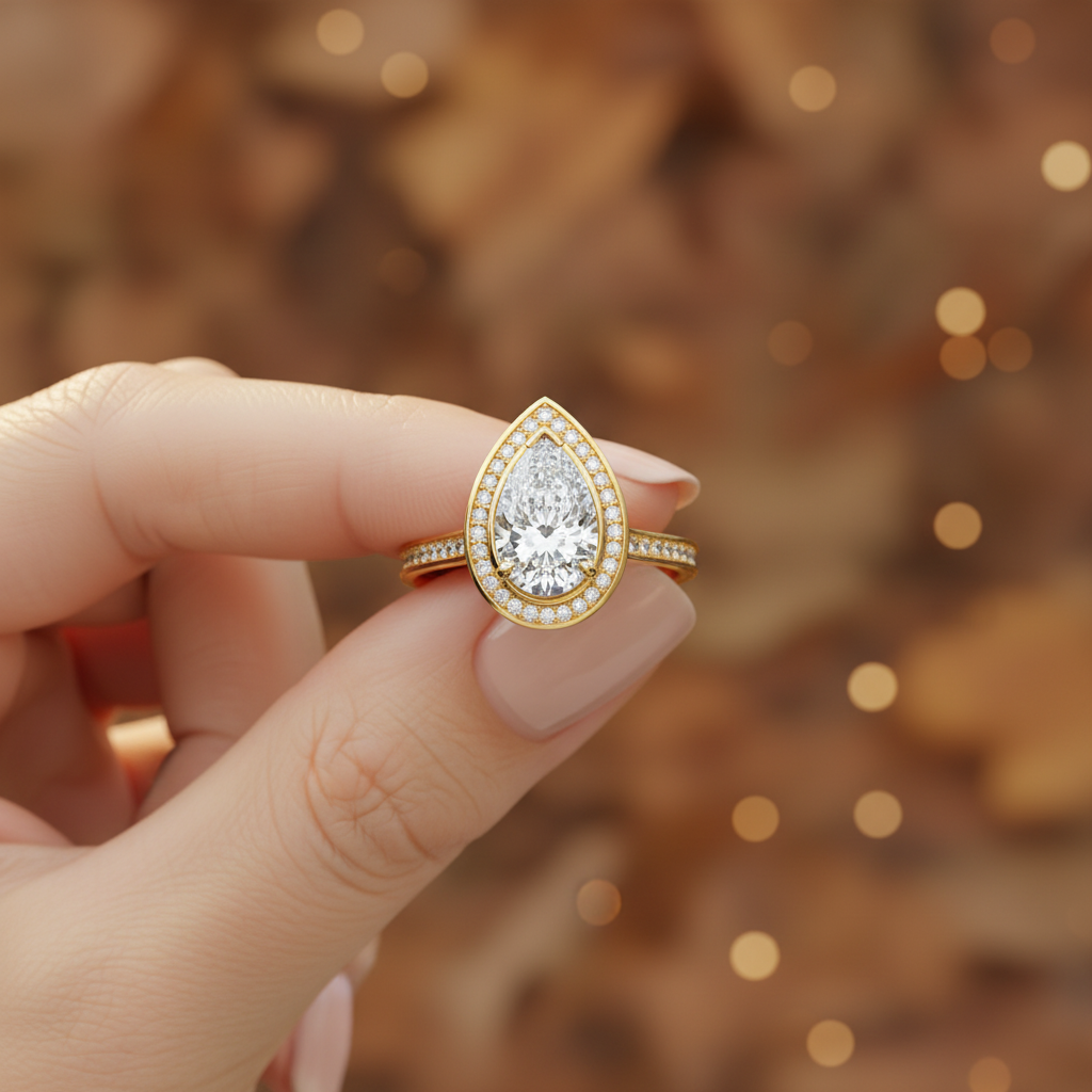 Pear Cut moissanite Diamond Halo Engagement Ring