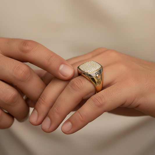 Mens Square Lab Grown Diamond Pave Signet Ring in Gold