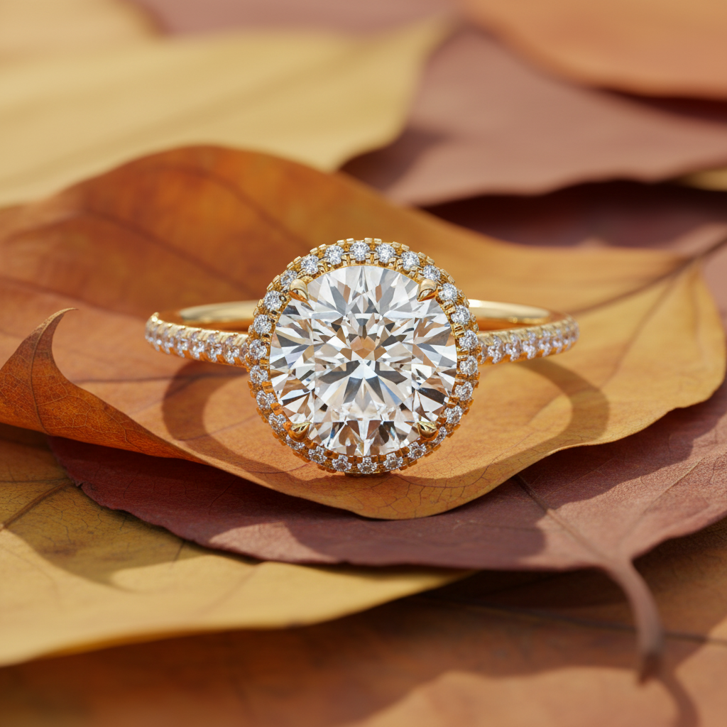 14K Yellow Gold Round Moissanite Diamond French Pave Halo Engagement Ring