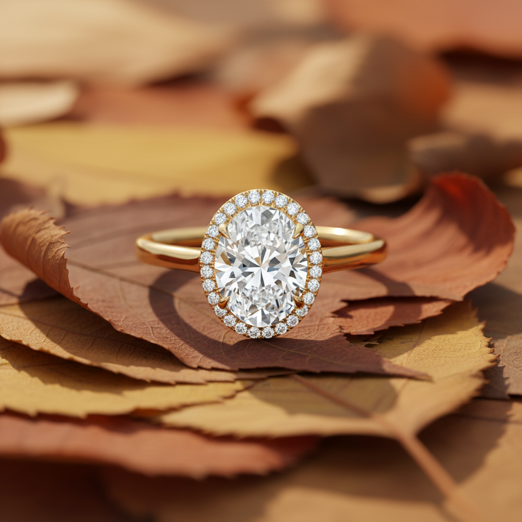 14K Yellow Gold Oval Moissanite Diamond French Pave Halo Engagement Ring