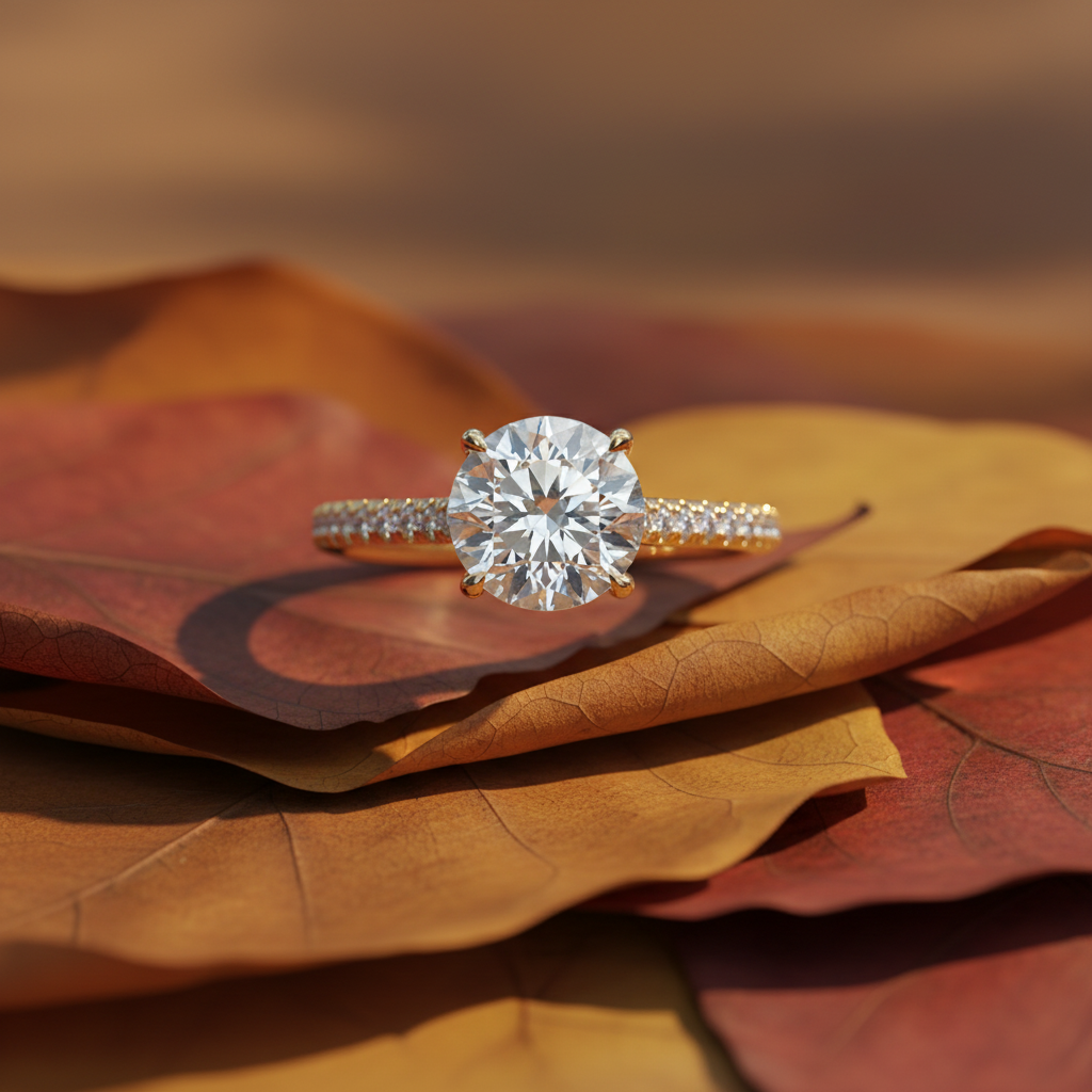 14K Yellow Gold Round Moissanite Diamond Pave Setting Engagement Ring