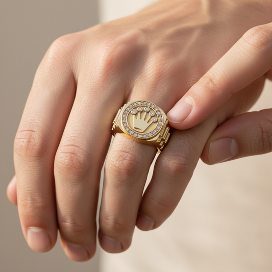 Mens Crown Halo Moissanite Diamond Signet Ring