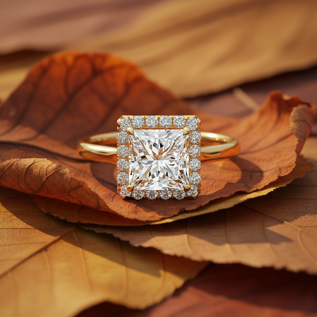 Elegant Princess Cut Moissanite Diamond Halo Wedding Ring