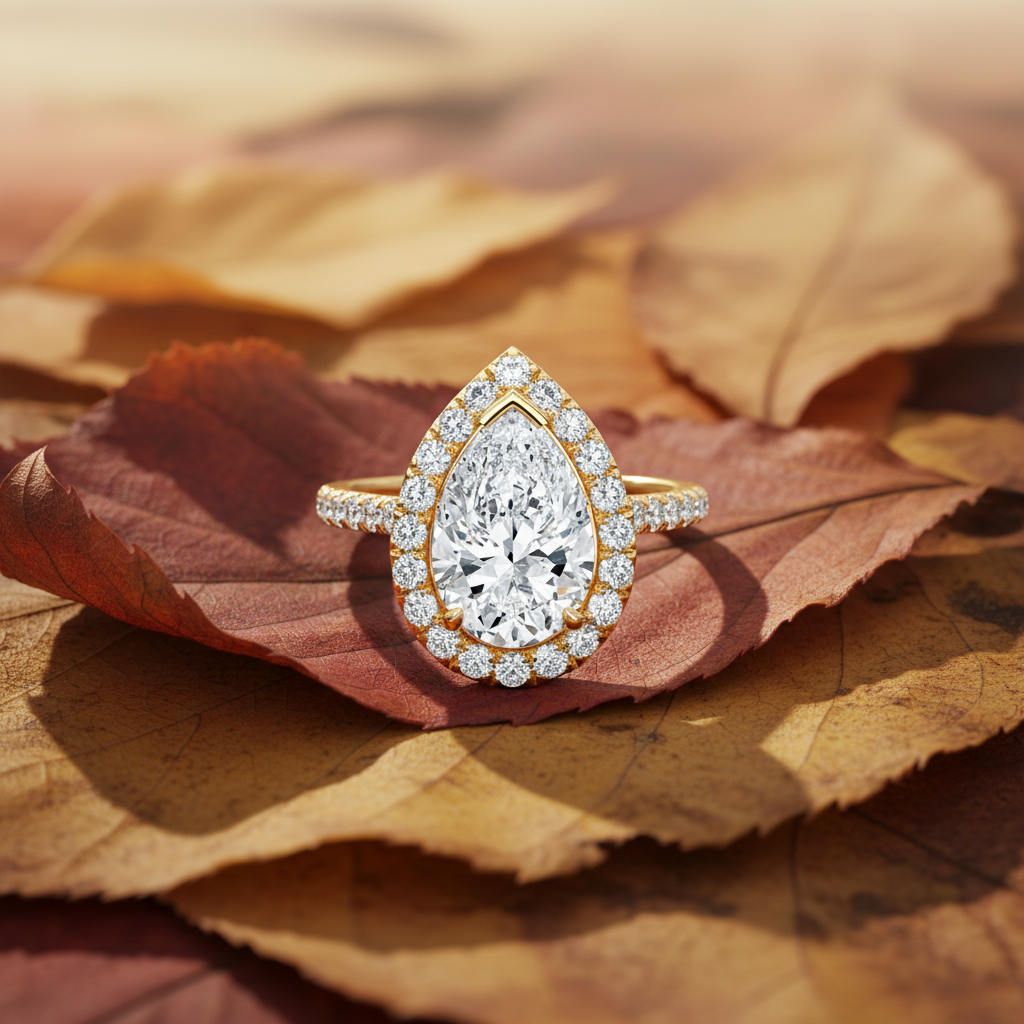 Pear Cut Moissanite Diamond Halo Wedding Ring