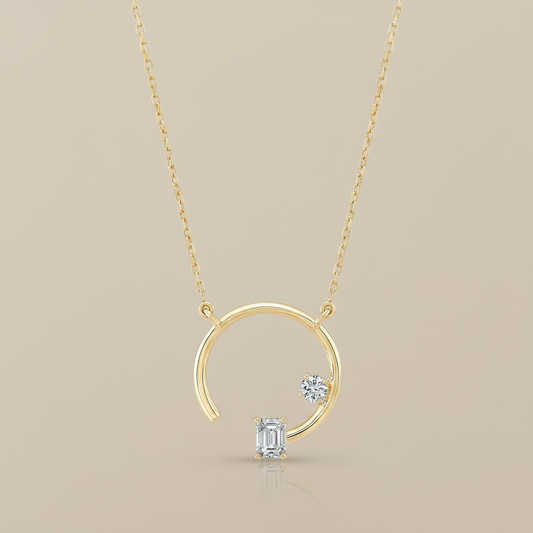 Celestial Duo Moissanite Open Circle Gold Pendant