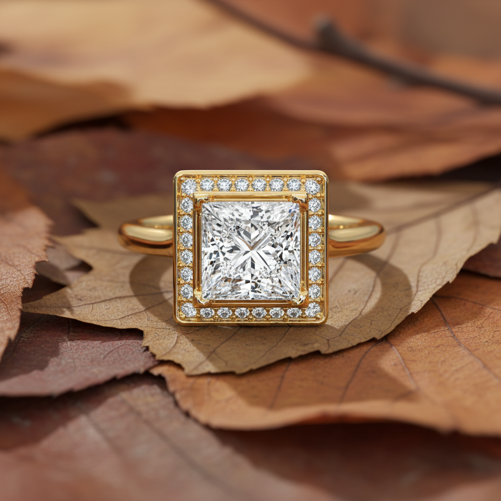 Princess Cut Moissanite Diamond Halo Wedding Ring