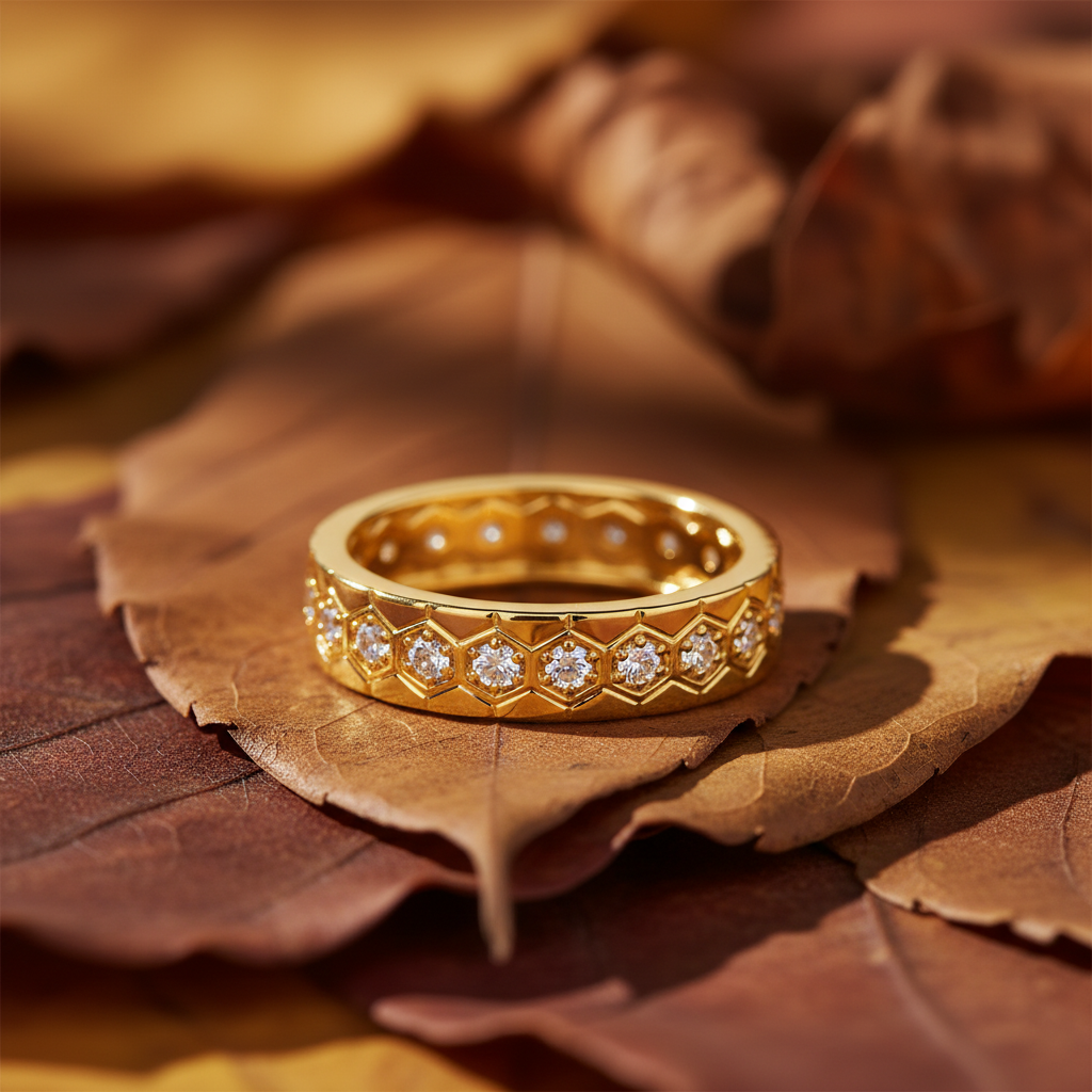 Round Cut Moissanite Hexagon Bezel Full Band Ring